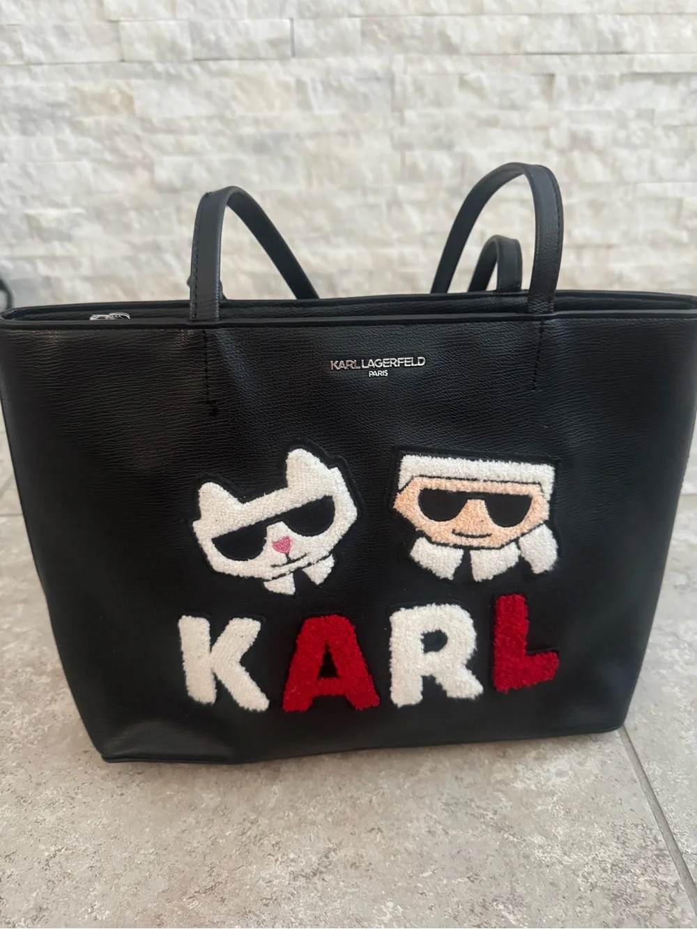 Karl Lagerfeld Maybelle Black Tote with White and Red 'KARL' Appliqué